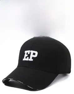 Close-up of white EP embroidery and Fashion text on black wool baseball cap brim