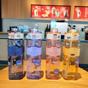 Set of 4 square 720ml plastic water bottles with straws and carry straps in 4 colors