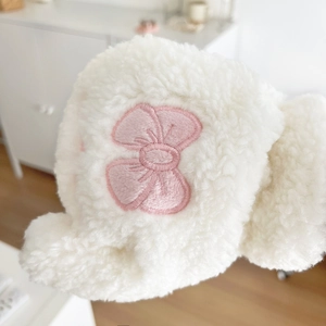 Cute white fleece winter gloves with pink flower embroidery and warm thermal lining