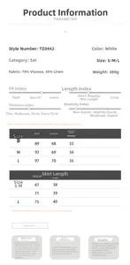 Detailed size chart for white sleeveless top and A-line skirt set in viscose linen