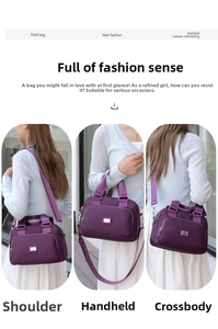 Nylon shoulder bag for women shown in three versatile ways: handheld, shoulder, and crossbody