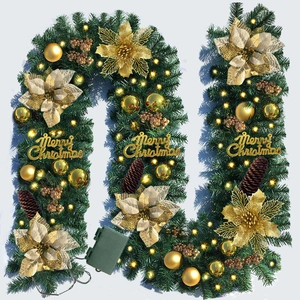 Detail of 9ft Christmas garland with gold flowers, LED lights, pinecones and berries