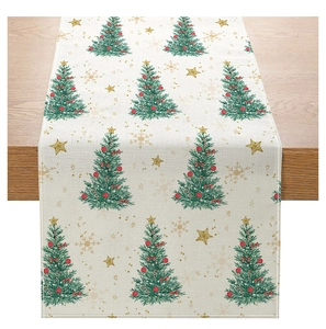 Detailed view of Christmas table runner with festive tree print on beige linen fabric