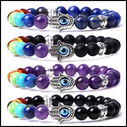 Detailed set of four beaded Hamsa Hand and Evil Eye bracelets in assorted gemstones