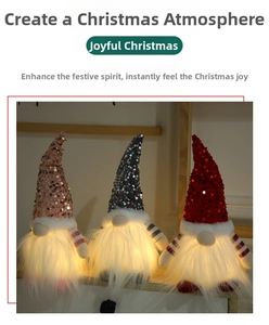 Close-up of glowing sequin Christmas gnomes with warm LED lights and plush white beards
