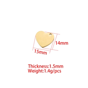 Polished 15mm gold heart pendant charm in stainless steel with technical dimensions