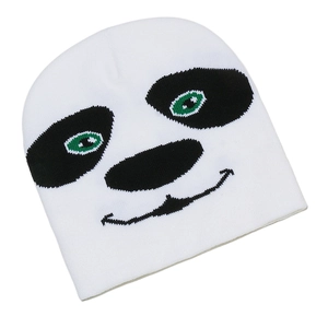 White winter knit beanie with cute panda pattern embroidery for daily outdoor wear