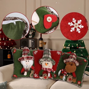 Three-piece Christmas pillow cover set featuring 3D Santa, Snowman and Reindeer characters