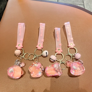 Portachiavi con sabbia mobile rosa con ciondoli a forma di coniglio e orso in acrilico