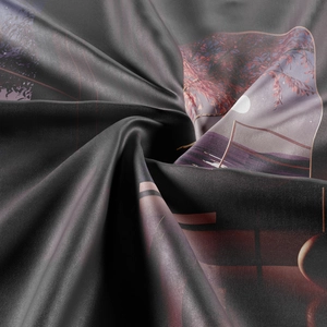 Macro shot of silk tapestry fabric texture with moon and forest art print