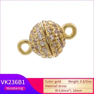 6mm 18K gold-plated brass magnetic clasp with micro-set zircons for DIY jewelry making