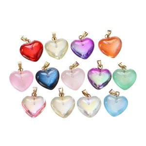 Acrylic jelly heart pendants in assorted colors with gold metal hooks on white background