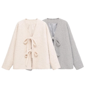 Damen Flauschige Jacke Mit Schnürung Langarm Kunstwolle Einfarbig Lässig Elegante Winterjacke