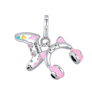 Silver gamepad and pink cat-ear headphone charms with enamel and cubic zirconia stones