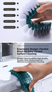 Close-up of flexible multi-section cleaning brush bending to fit bathroom sink edges