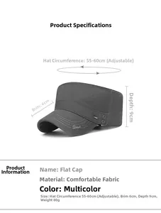 Detail view of adjustable strap and size parameters for dark grey flat top cap