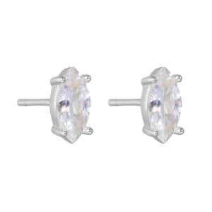 Macro detail of marquise-cut zircon stud earrings with classic four-prong silver setting