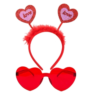 Red 3D heart headband with feathers and matching heart glasses for Valentine's Day parties