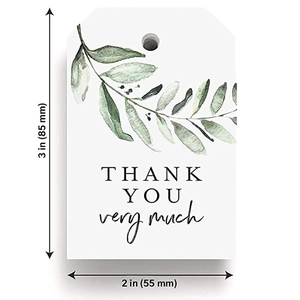 Leaf design white thank you gift tags with measurements 3x2 inches on a white background