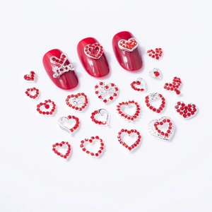 Red heart nail charms set with silver metal base and 520 love rhinestone designs