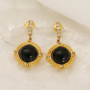 Boucles D'oreilles Puces Rondes Acier Inoxydable 304 Plaqué Or 18K Résine Noire Strass Zircon Vintage Baroque Femmes