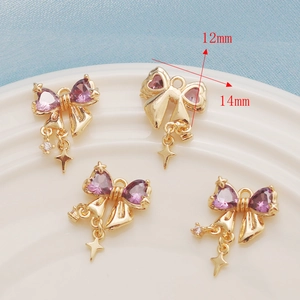 14K gold bow charms with purple heart stone and mini cross for DIY jewelry making
