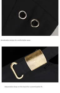 Dettaglio degli occhielli metallici e della fibbia in bronzo sul cappello in twill nero