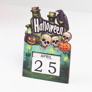 Close-up of wooden Halloween countdown calendar showing detailed wood grain texture