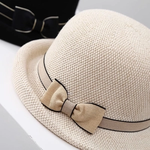Women's summer sun hat with elegant bow ribbon, breathable straw knit fedora style