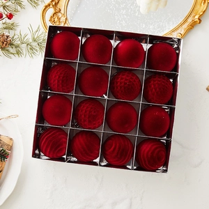 Set of 16 dark red flocked Christmas ball ornaments with mixed textures in a gift box