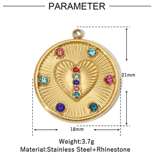 Detail view of heart evil eye pendant with rhinestones and size measurements