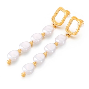 Baroque Faux Artificial Pearl Dangle Earrings Geometric Stainless Steel Long Textured Drop Elegant Vintage Style For Women
