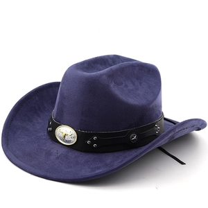 Detail of navy faux suede cowboy hat featuring leather band with bull head metal buckle