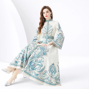 Elegant floral maxi dress with high neck and bell sleeves in bohemian court style