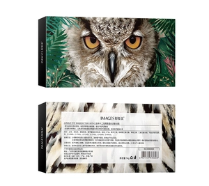 Front and back view of 12-color jungle eyeshadow palette packaging with owl illustration