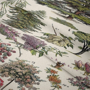 Detail of vintage botanical tapestry showing fabric texture and hand-drawn plant illustrations