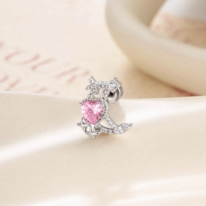 Pink heart zircon with crescent moon and star silver screw back cartilage earring stud