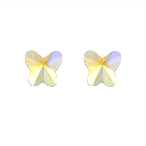 Macro shot of butterfly stud earrings with iridescent multifaceted crystal facets
