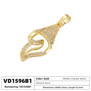 Detail view of gold brass pendant with zirconia featuring dimensions of 13mm and 35.5mm
