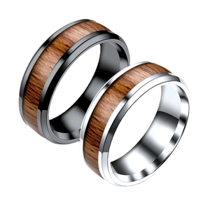 Stainless Steel Wood Grain Inlay Band Ring For Men Retro Fashion Titanium Steel Jewelry Simple Casual Style