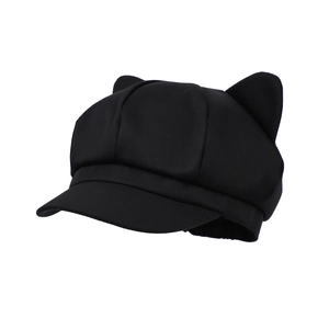Cute black cat ear newsboy cap for women with textured fabric and vintage octagonal style