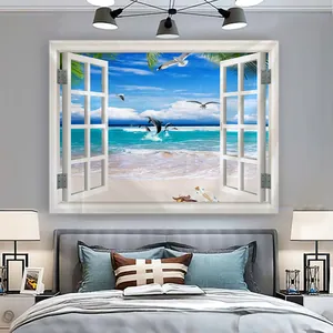 Detailed 3D window view tapestry showing tropical beach scene with dolphins and palm trees