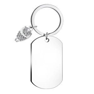 Polished silver metal dog tag keychain with detailed owl charm and blank plate