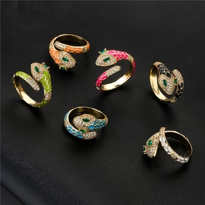 Snake Open Ring Copper Gold Plated Enamel Cubic Zirconia Adjustable Wrap Animal Jewelry For Women
