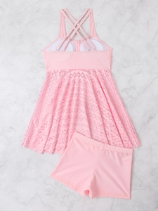 Pink tankini swim dress set with cross back straps and crochet lace hem detail