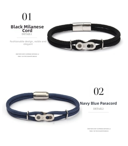 Detail view of bicycle chain style bracelets in black Milanese and navy paracord options