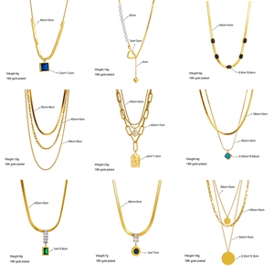 Multiple layered 18K gold plated stainless steel necklaces with geometric pendants