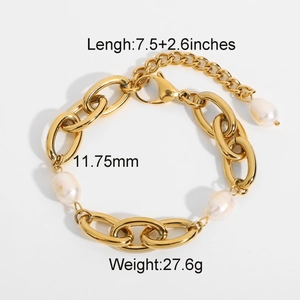 Gold stainless steel thick chain bracelet with large white pearls and lobster clasp