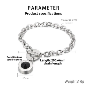 Macro detail of OT clasp and black satellite stone on a 200mm stainless steel bracelet
