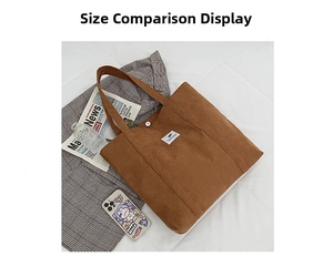 Corduroy tote bag in caramel brown showing large capacity with phone and bottle